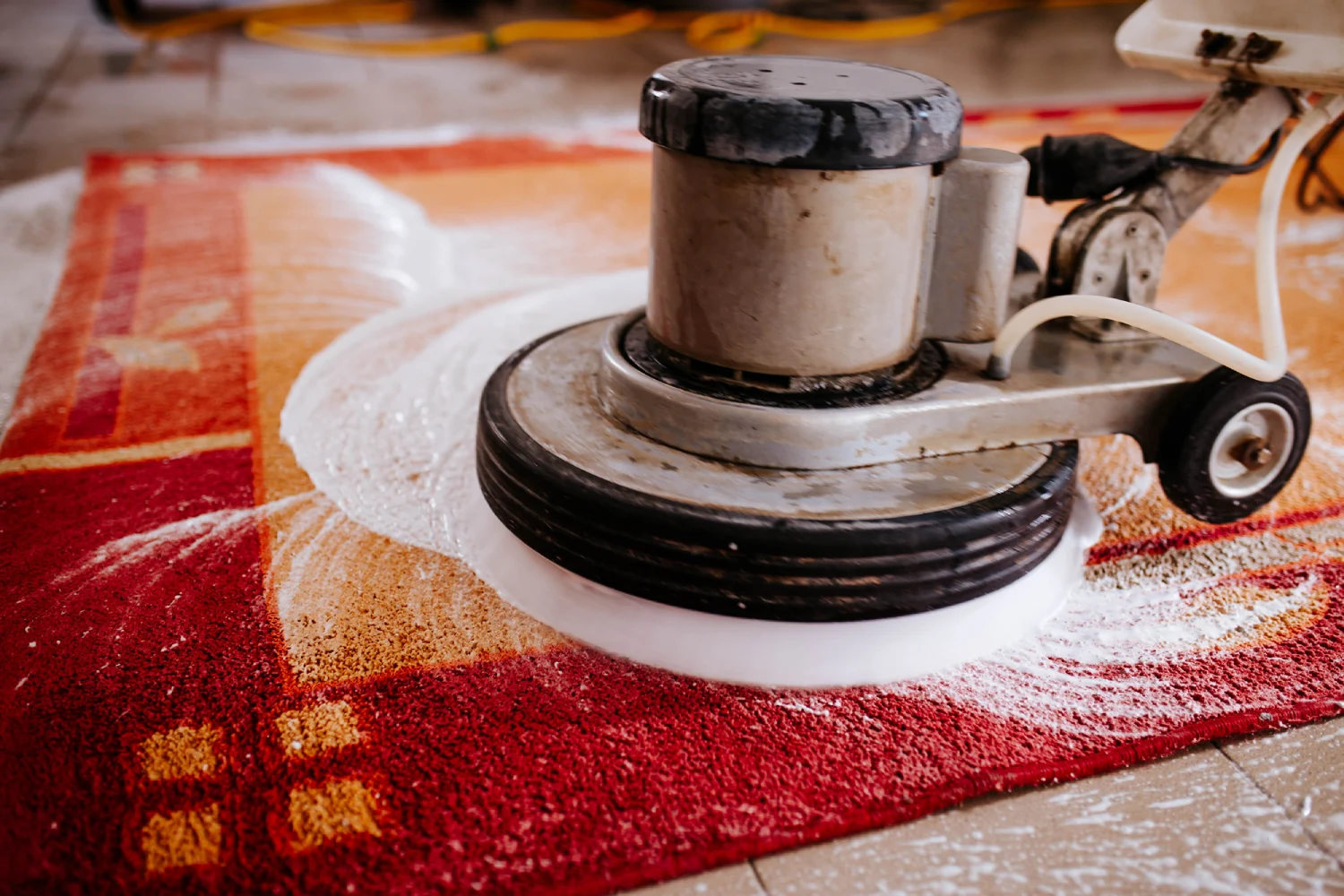 Carpet cleaning with a rotary machine.